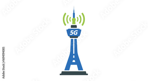 Stylized 5G Communication Tower Symbolizing Modern Wireless Connectivity and Technological Advancement in Metropolitan Areas