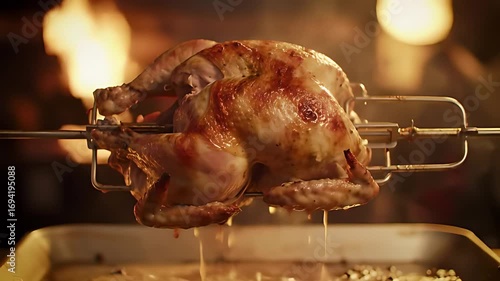 Cinematic slow motion: Crispy golden brown roasted chicken rotating on a rotisserie grill, juices sizzling enticingly.