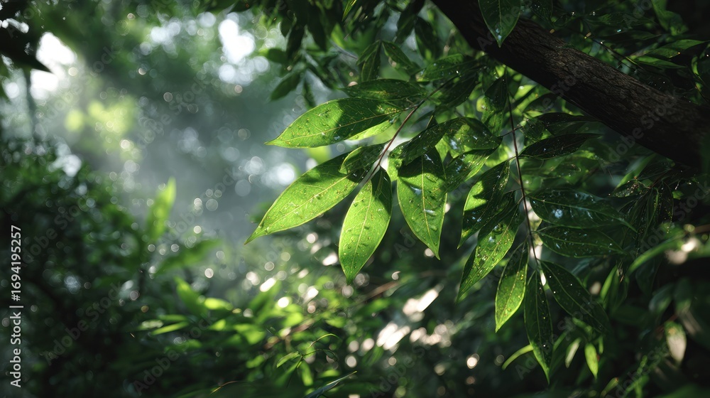 Obraz premium Sunlight filtering through lush foliage in a tranquil forest setting