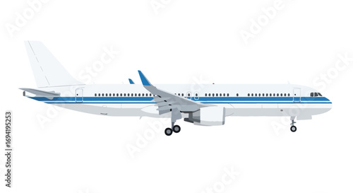 Illustration of a Civilian Jet Aircraft with Blue Stripes and White Body for Air Travel, Illustrating Safe Landing and Global Tourism Concept