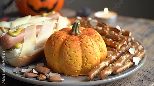 Cozy, inviting overhead view of a table laden with festive Halloween-themed food: mummy hot dogs, witch finger pretzels, and a spooky pumpkin-shaped cheese ball.