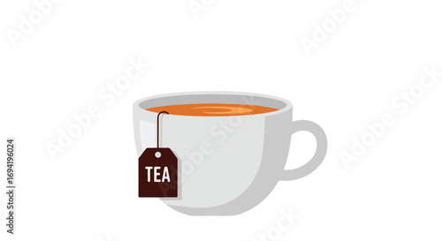 Illustration of a steamy cup of tea with a tea bag label, perfect for relaxation and beverage themed designs, isolated on white backdrop