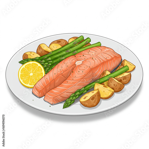 Delicious Grilled Salmon with Asparagus, Potatoes, and Lemon on a Plate