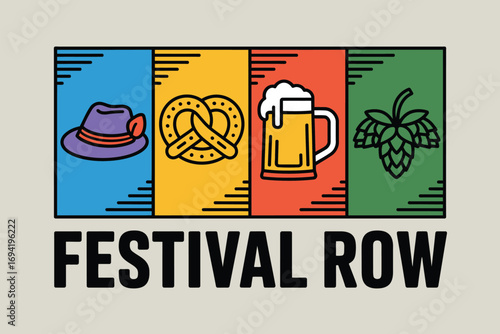 Illustration of festival row with hat pretzel beer and hops in colorful rectangular panels