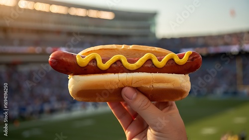 Hand holding a delicious hot dog with mustard at a football stadium