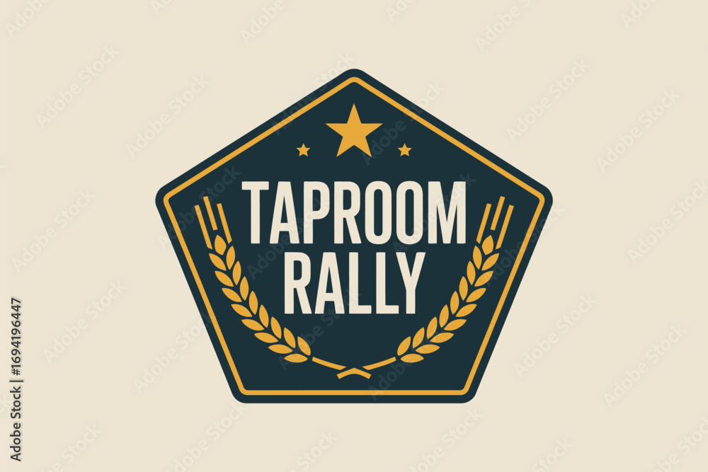 Obraz premium Taproom rally emblem with star and wheat stalks in a dark blue and gold pentagon shape on a cream background