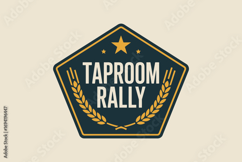 Taproom rally emblem with star and wheat stalks in a dark blue and gold pentagon shape on a cream background