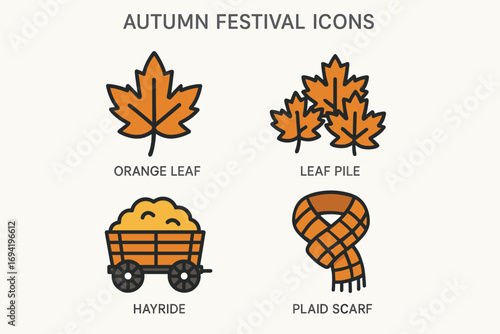 Autumn Festival Icons Set – Orange Leaf, Leaf Pile, Hayride and Plaid Scarf Seasonal Symbols