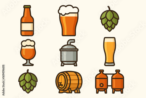 Beer Brewing Icons Set – Hops, Wheat, Brewery Equipment, Beer Glass and Bottle