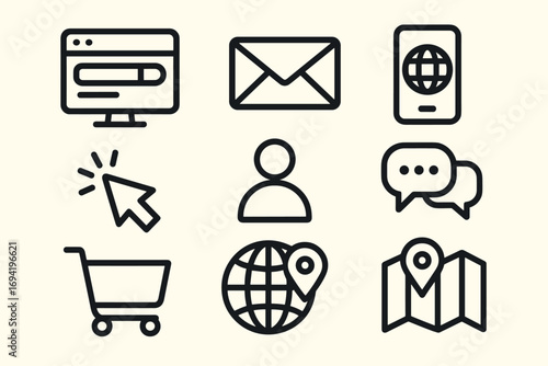 Online Services and Navigation Line Icons Set – Email, Shopping Cart, Maps, User and Communication Symbols
