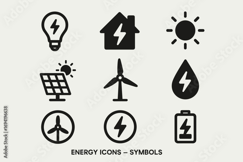 Energy Icons Set – Solar Power, Wind Turbine, Battery, Electricity and Renewable Energy Symbols