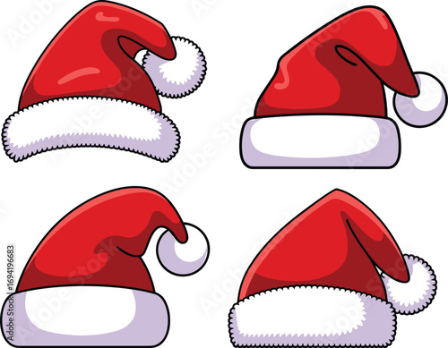 Set of cartoon Santa hats in red with white trim, holiday clipart for Christmas design, festive winter fashion accessory elements