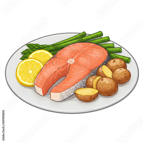 Delicious Grilled Salmon Steak with Asparagus Potatoes and Lemon on a Plate