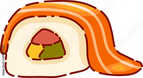 Cartoon Illustration of Japanese Sushi Roll Salmon