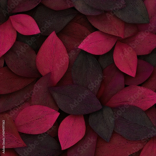 A vibrant, textured pattern of overlapping leaves in deep pink and dark purple