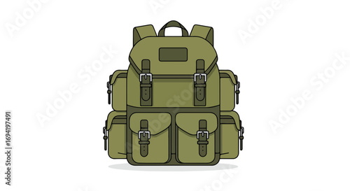 Detailed illustration of an olive green canvas rucksack with multiple pockets and buckle straps for outdoor adventure and travel gear storage