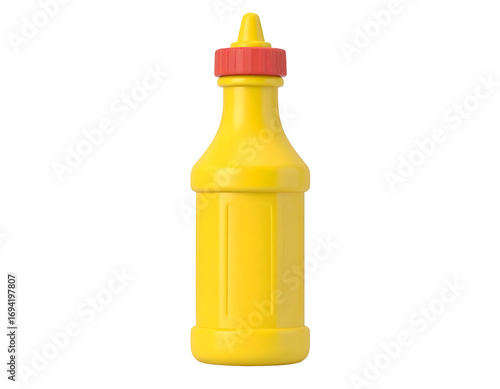 Yellow Mustard Squeeze Bottle with Red Cap, Isolated on Black Background - 3D Render