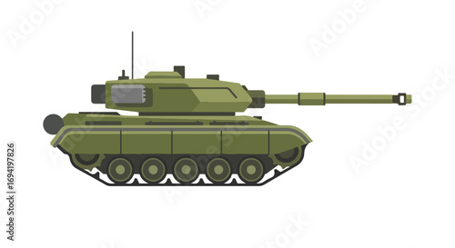 Olive Green Military Tank Illustration Displaying Modern Warfare and Combat Preparedness on White Background