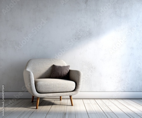 Wallpaper Mural A light-filled room featuring a modern, light gray armchair against a textured, off-white wall, creating a serene and minimalist aesthetic. Torontodigital.ca