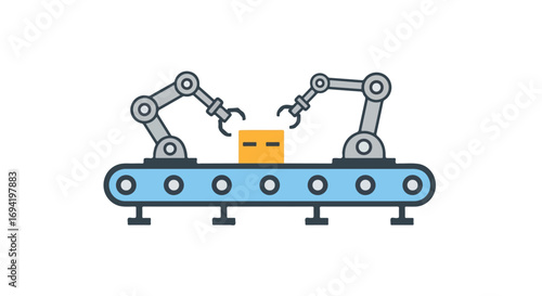 Automated manufacturing process with robotic arms assembling a box on a conveyor belt in a modern factory setting