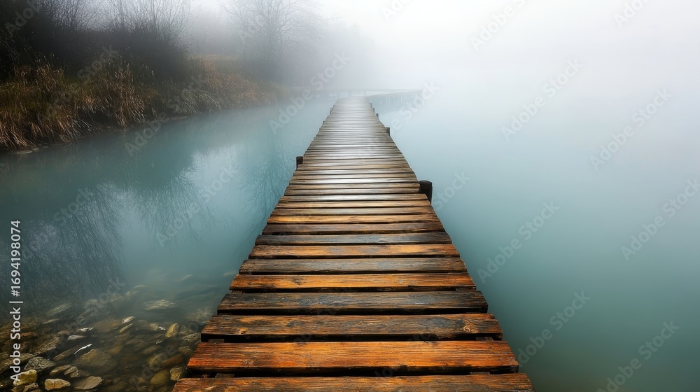 Fototapeta premium Serene Dusk Over Tranquil Lake, Misty Pier Inviting Reflection on Nature s Calm and Beauty