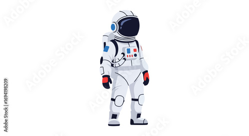 Astronaut standing tall in a white spacesuit ready for exploration and adventure in the vast expanse of space looking forward with confidence and