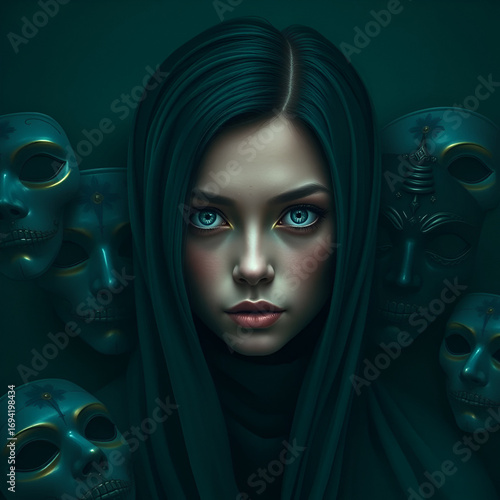 Mysterious Face of a Young Woman Surrounded by Masks in a Dark Aqua Background with Symbolic Reflections and Artifical Identities