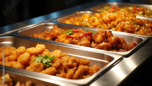 Assortment of delicious asian food dishes served in buffet trays