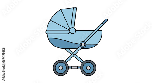 Illustration of a light blue baby stroller on a white background portraying infant care and transportation with a touch of cartoonish simplicity