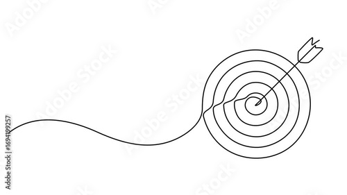 Animation video Continuous one line drawing of arrow in center of target. Strategic marketing or business concept, Arrow hitting target center, Single line drawing animation, Goal achievement minimal.