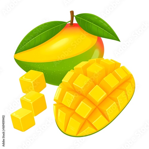 Colorful illustration of a mango and its segments