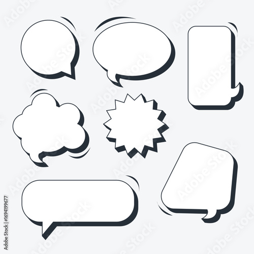 A large set of white speech bubbles with black volumetric shadow in various shapes and sizes. Suitable for comic design, illustrations, and other creative uses