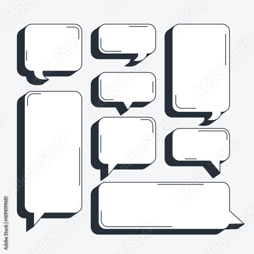 A large set of white speech bubbles with black volumetric shadow in various shapes and sizes. Suitable for comic design, illustrations, and other creative uses