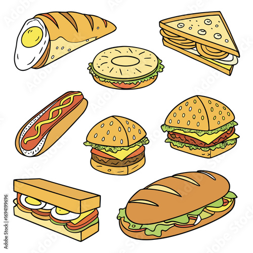 A vector illustration set of classic fast food icons including burgers, pizza, and sandwiches with cheese, meat, and lettuce