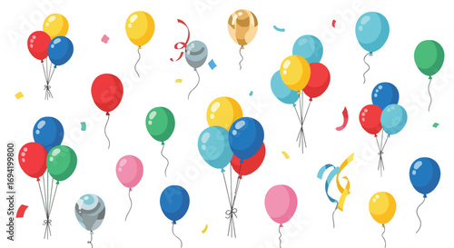 Festive celebration adorned with vibrant balloons and confetti against a clean white backdrop offering cheerful atmosphere and joyful occasion