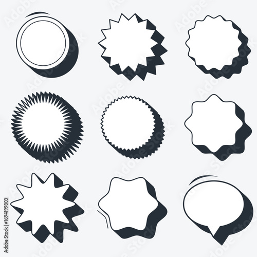 A large set of white speech bubbles with black volumetric shadow in various shapes and sizes. Suitable for comic design, illustrations, and other creative uses