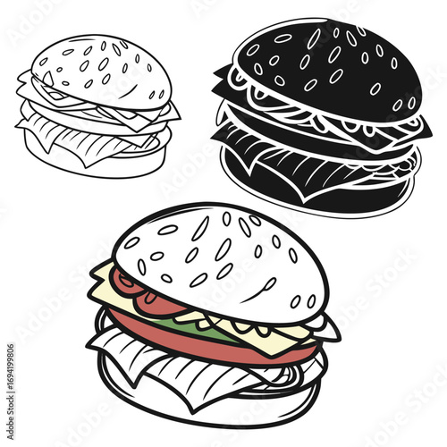 Cartoon collection of delicious fast food icons, including a cheeseburger with beef, lettuce, and tomato, isolated on a white background