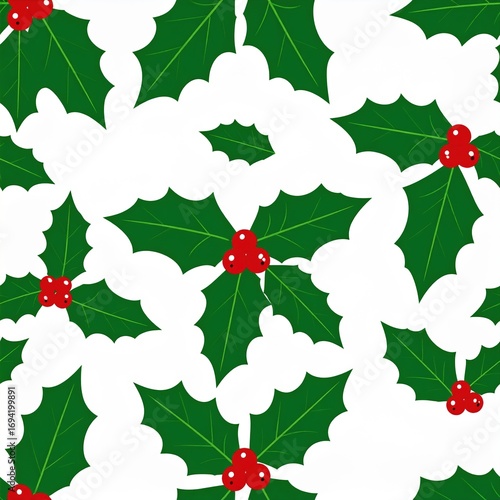 Seamless pattern of green holly leaves with red berries scattered on a white background.