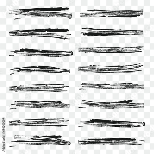 Black grunge brush stoke line set. Hand drawn crayon underline and highlighter collection. Wet or dry pastel pencil doodle and scribble bundle. Vector rough chalk charcoal sketch scrawls and squiggles