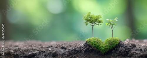 Two small trees grow from soil shaped like a heart, symbolizing love for nature and the environment, with a blurred green background.