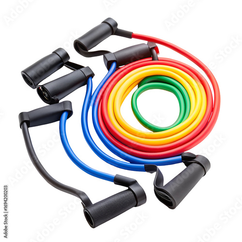 A set of colorful resistance bands with handles for versatile strength training and home workouts, isolated on transparent background