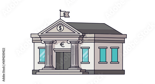 Stylized bank building cartoon representation featuring dollar and euro currency symbols showcasing financial institution design