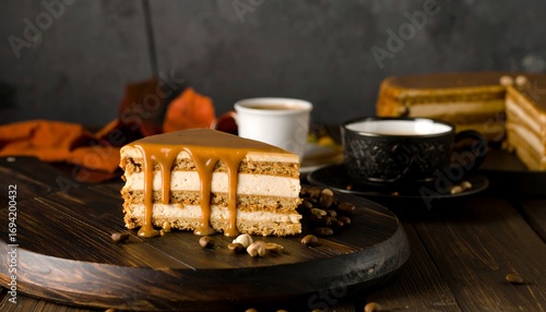 Wallpaper Mural Delectable caramel layer cake slice with dripping sauce and coffee delight Torontodigital.ca