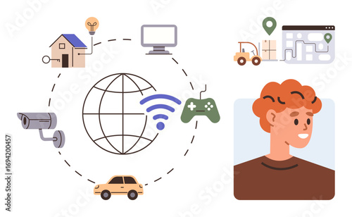 Globe with wireless signals, smart devices, home, car, camera, map. Ideal for technology, IoT automation smart living connectivity innovation networking. Flat simple metaphor