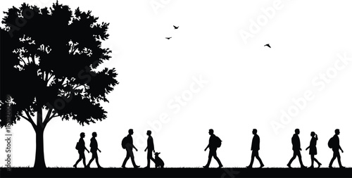 Silhouette of people walking under tree with dog, outdoor park scene illustration, nature landscape background with birds flying in sky