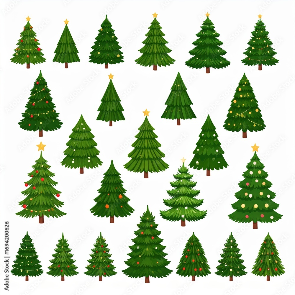 Obraz premium Collection of various decorated and plain Christmas trees on a white background.