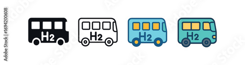 Vector icon hydrogen bus same pose same proportions four styles black solid glyph outline minimal flat multicolor filled cartoon flat shaded.