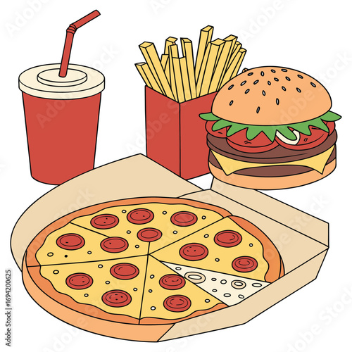 A colorful vector illustration of a delicious pepperoni pizza slice with cheese and tomato is isolated on a white background