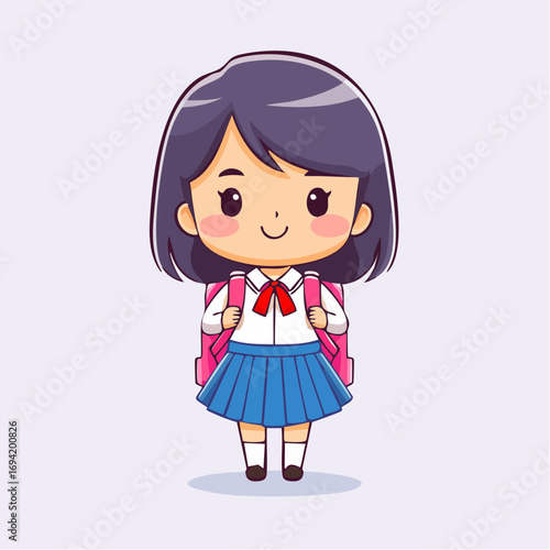 Cute smiling schoolgirl cartoon character illustration with a pink backpack, depicting a happy young student ready for education and cheerful school life