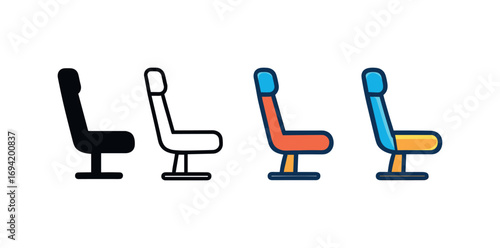 Vector icon airplane economy seat same pose same proportions four styles black solid glyph outline minimal flat multicolor filled cartoon flat shaded.